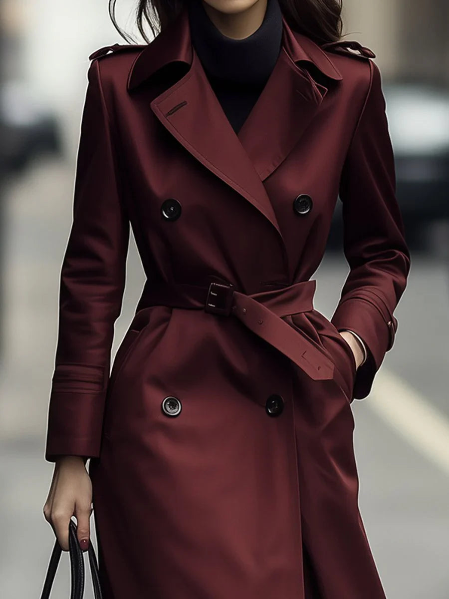 Brandy - Trench Classico Doppio Petto con Cintura Bordeaux