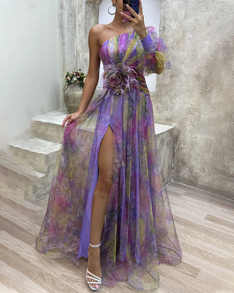 Cecelia – Abito monospalla con piume