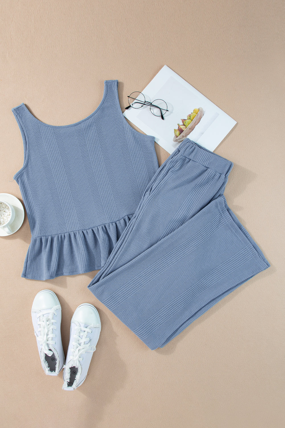 Amelia - Top a Costine con Volant e Pantaloni Blu