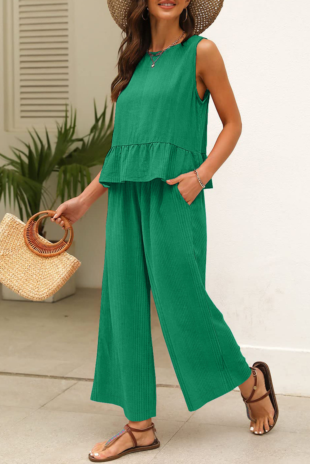 Amelia - Top a Costine con Volant e Pantaloni Blu