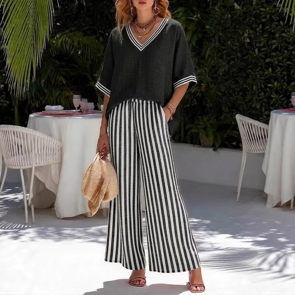 VITTORIA COMO | COMPLETO DUE PEZZI CON TOP A COLLO V E PANTALONE LARGO DA DONNA