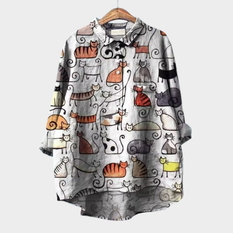 LUCIANA | Oversize Blouse with Stylized Cats and Unique Comfort for Every Day