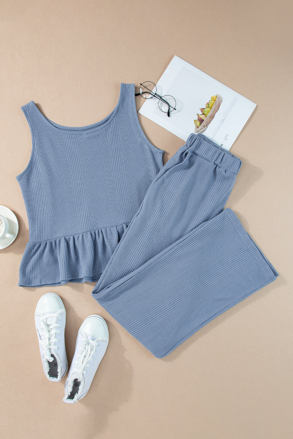 Amelia - Top a Costine con Volant e Pantaloni Blu