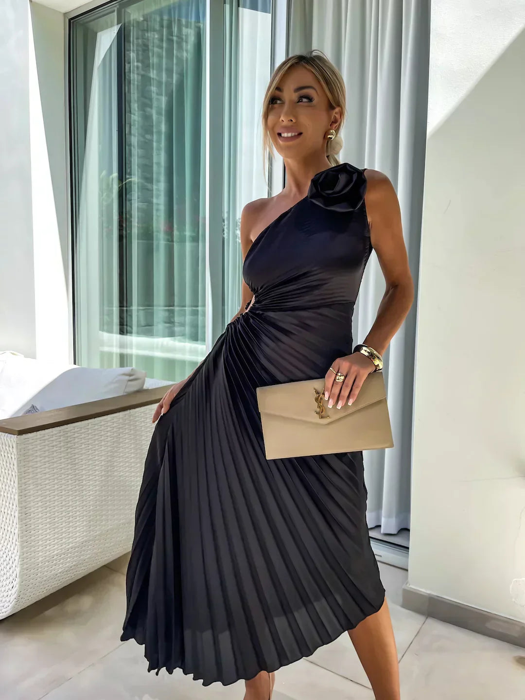 Lizbeth – Pleated One-Shoulder Midi Dress