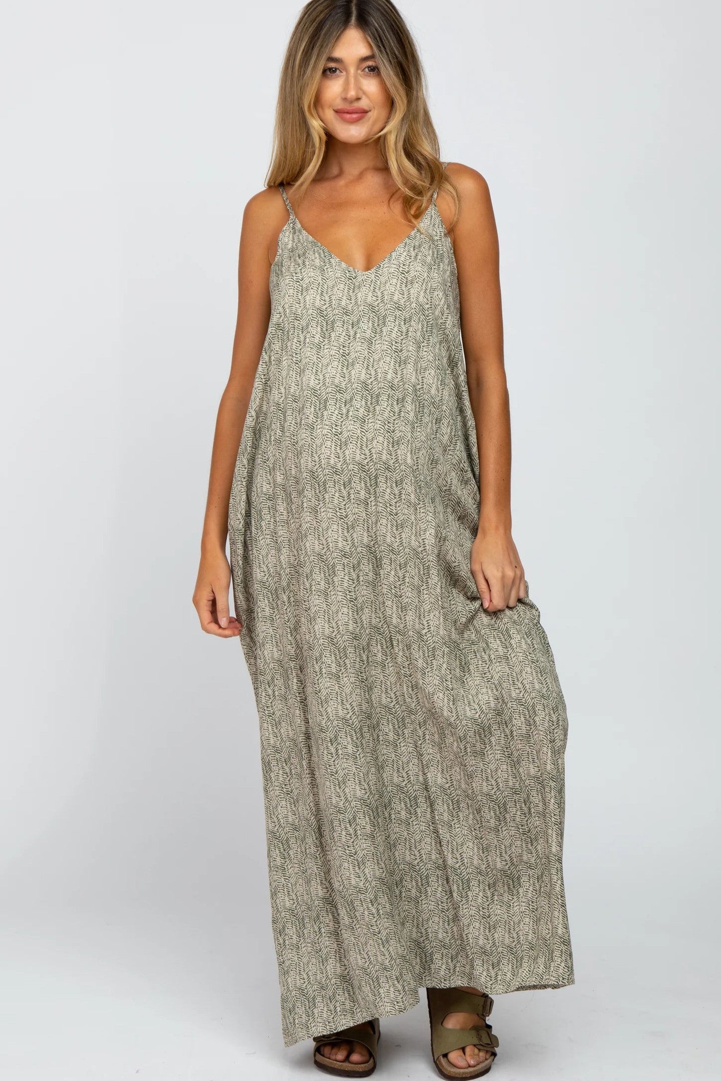 Maxi abito senza maniche stampato fantasia olive