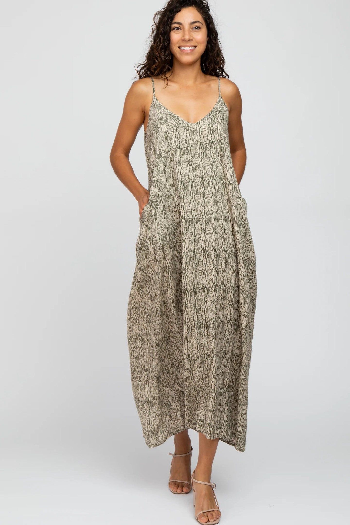 Maxi abito senza maniche stampato fantasia olive
