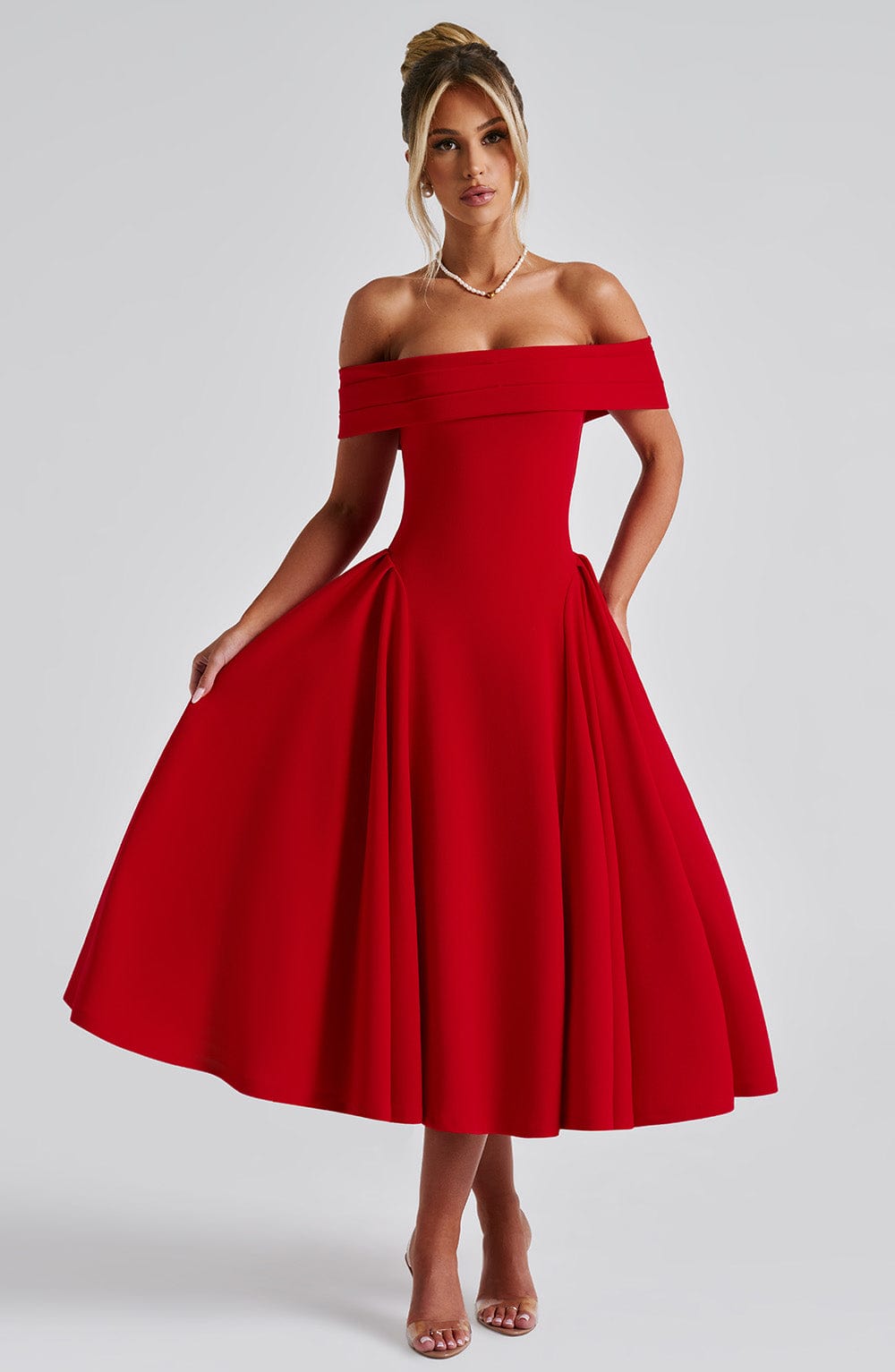 Bellina – Off-Shoulder Pleated Midi Gown