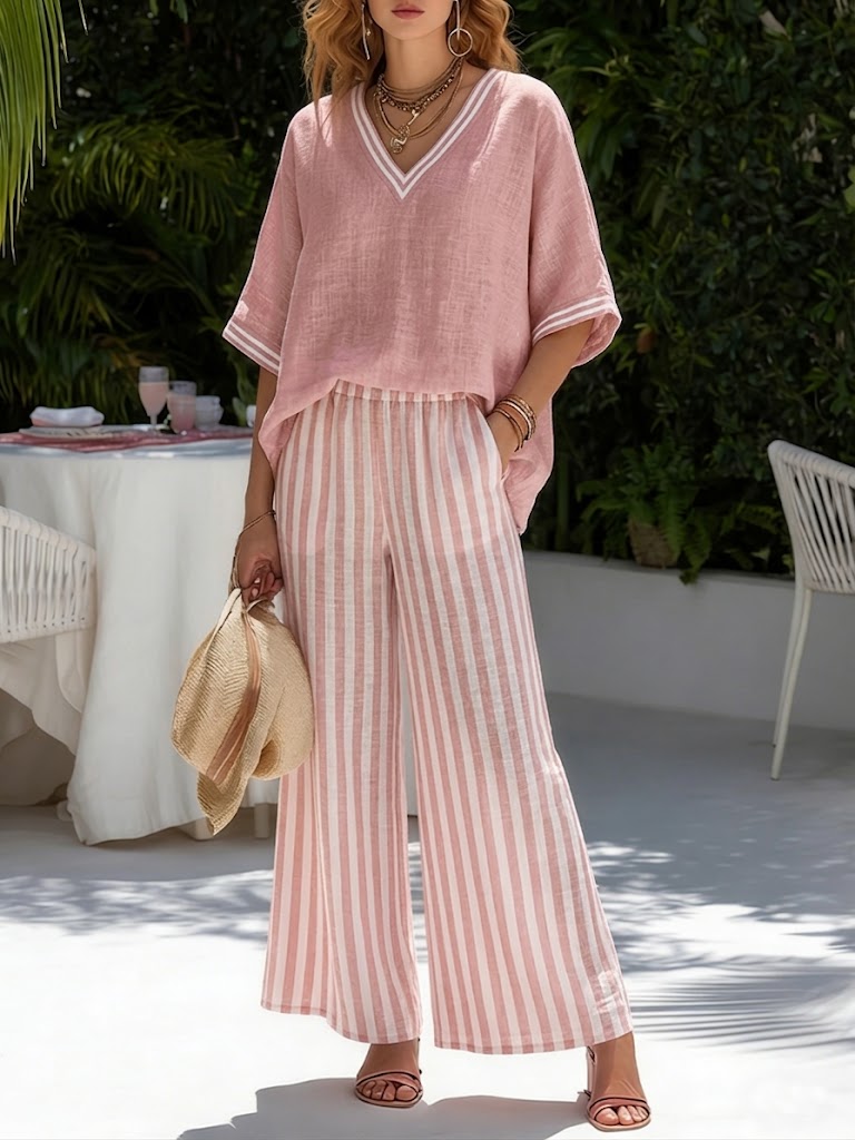 VITTORIA COMO | COMPLETO DUE PEZZI CON TOP A COLLO V E PANTALONE LARGO DA DONNA