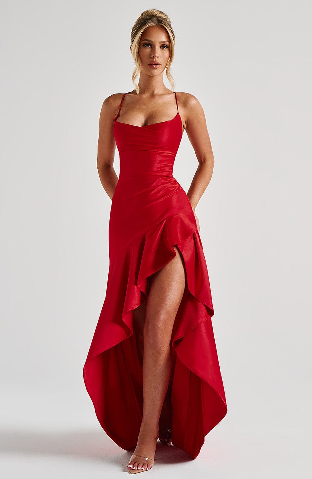 Delia – Draped Ruffle Hem Gown