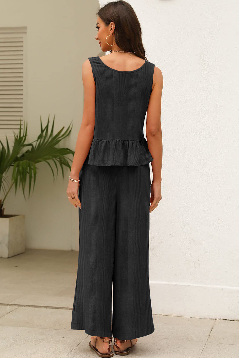 Amelia - Top a Costine con Volant e Pantaloni Blu