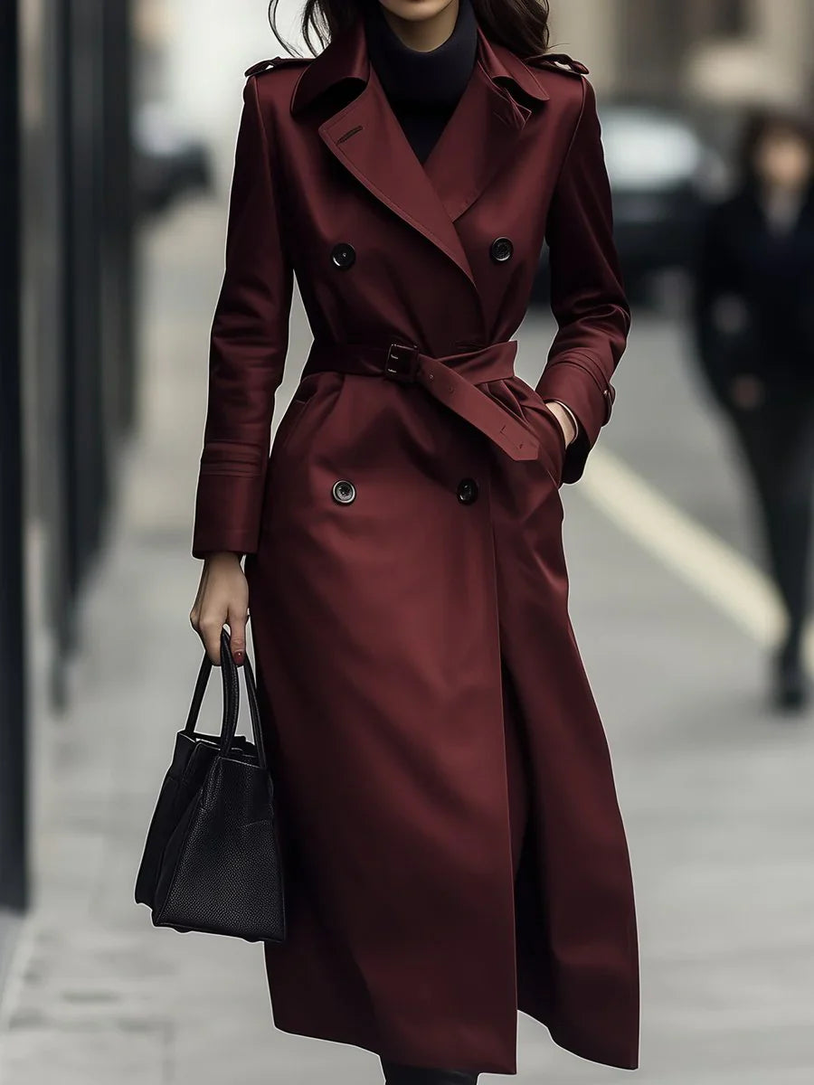Brandy - Trench Classico Doppio Petto con Cintura Bordeaux