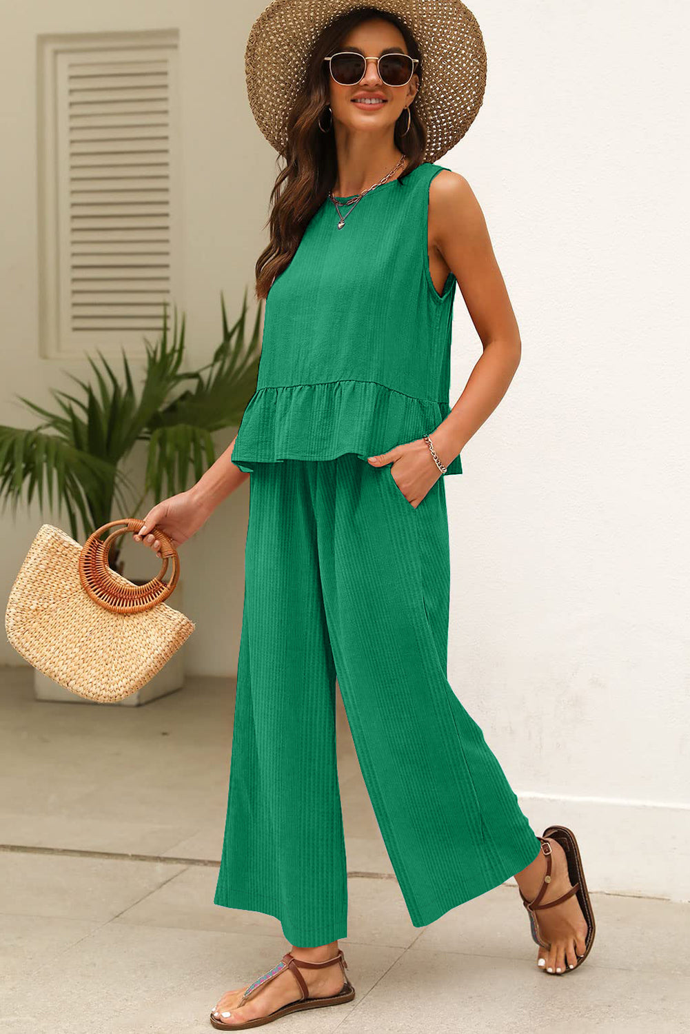 Amelia - Top a Costine con Volant e Pantaloni Blu