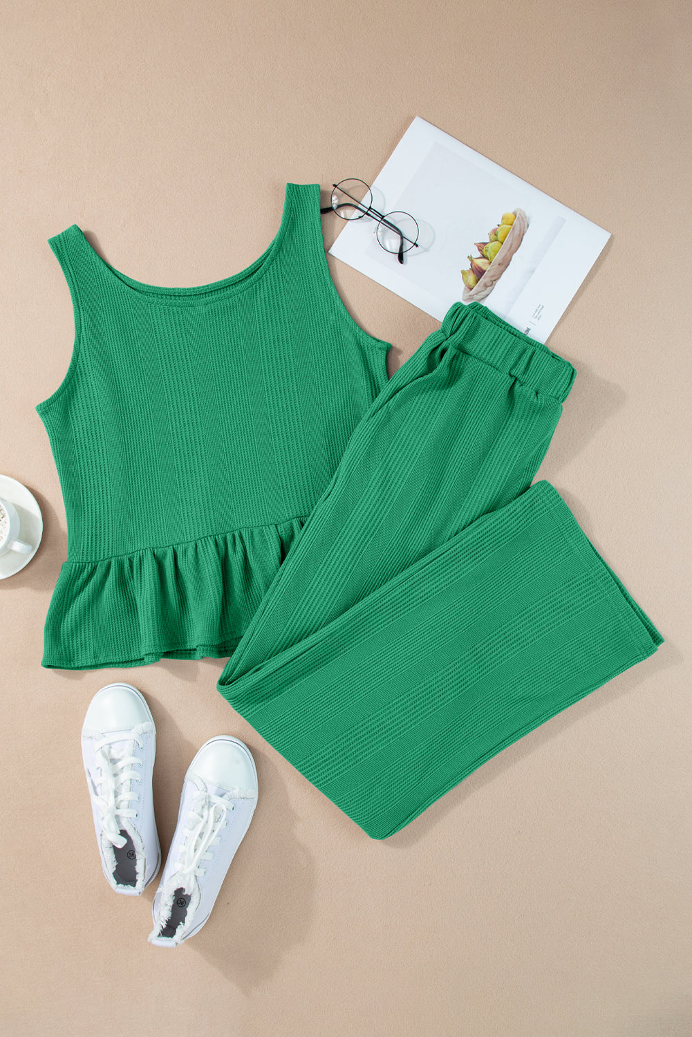 Amelia - Top a Costine con Volant e Pantaloni Blu