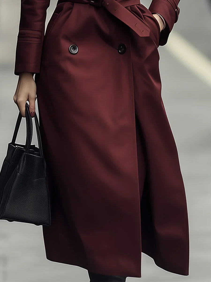 Brandy - Trench Classico Doppio Petto con Cintura Bordeaux