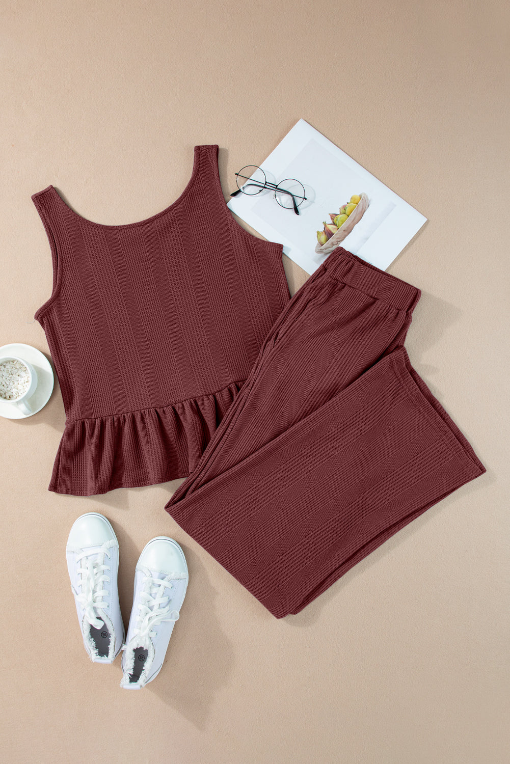 Amelia - Top a Costine con Volant e Pantaloni Blu