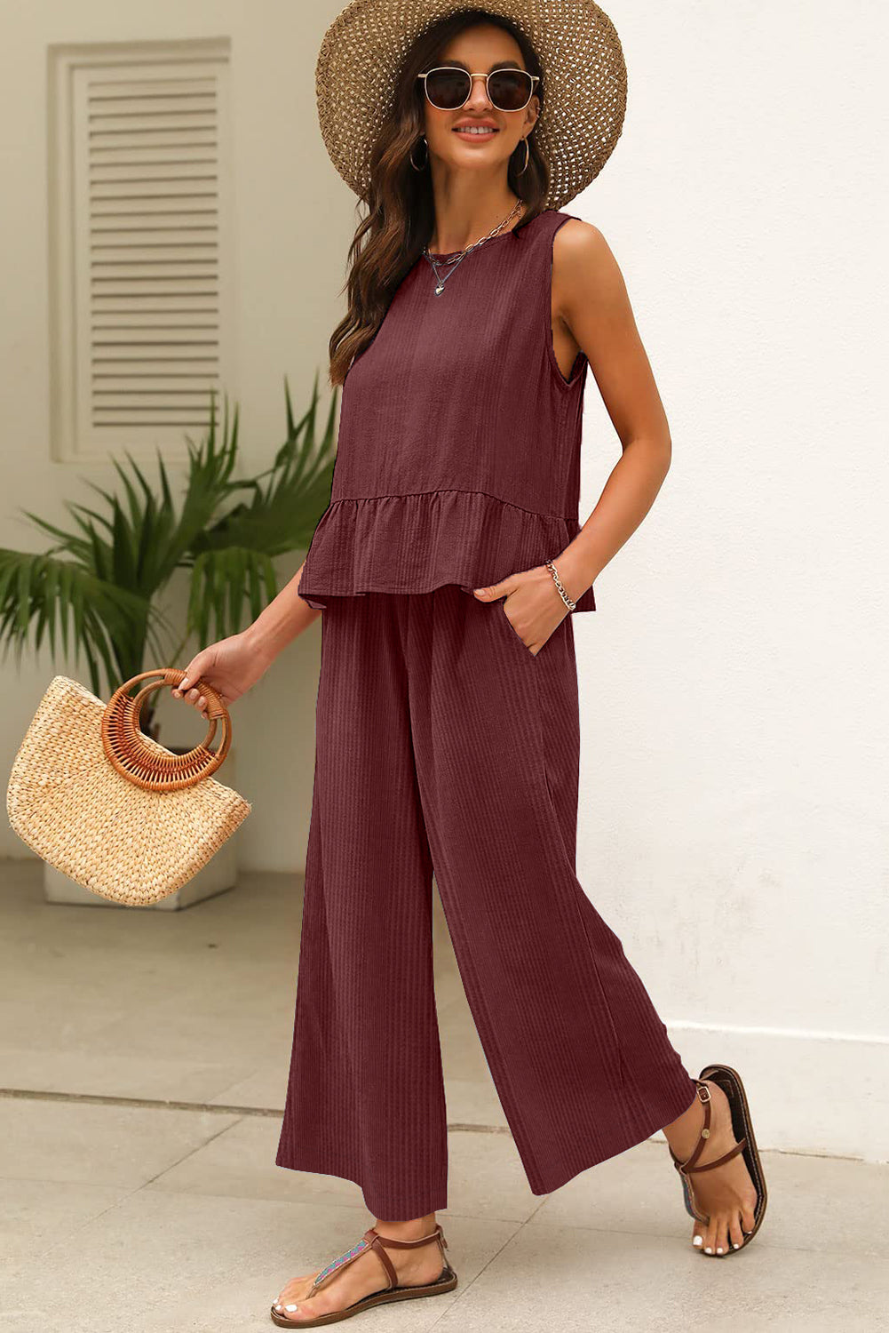 Amelia - Top a Costine con Volant e Pantaloni Blu