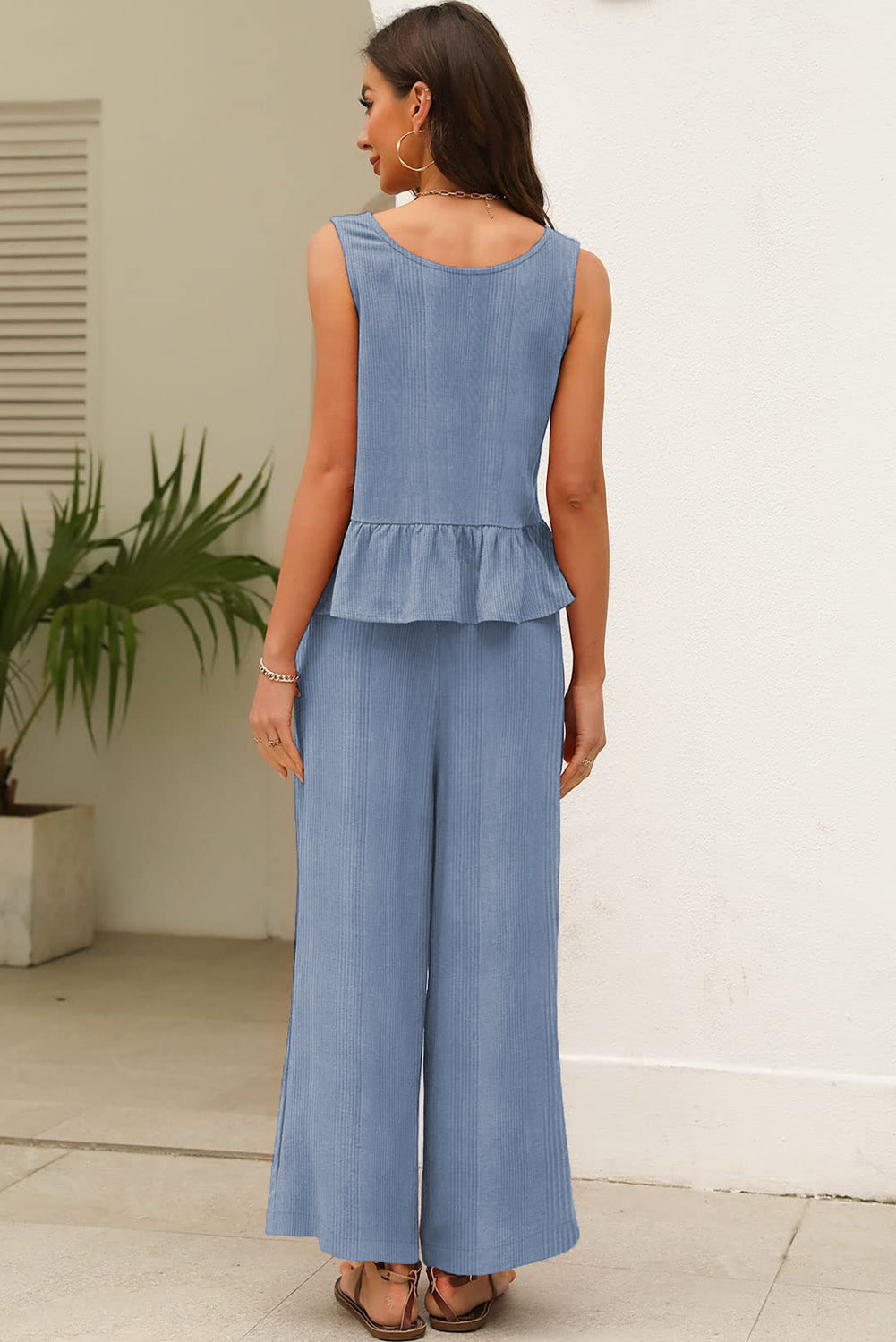 Amelia - Top a Costine con Volant e Pantaloni Blu