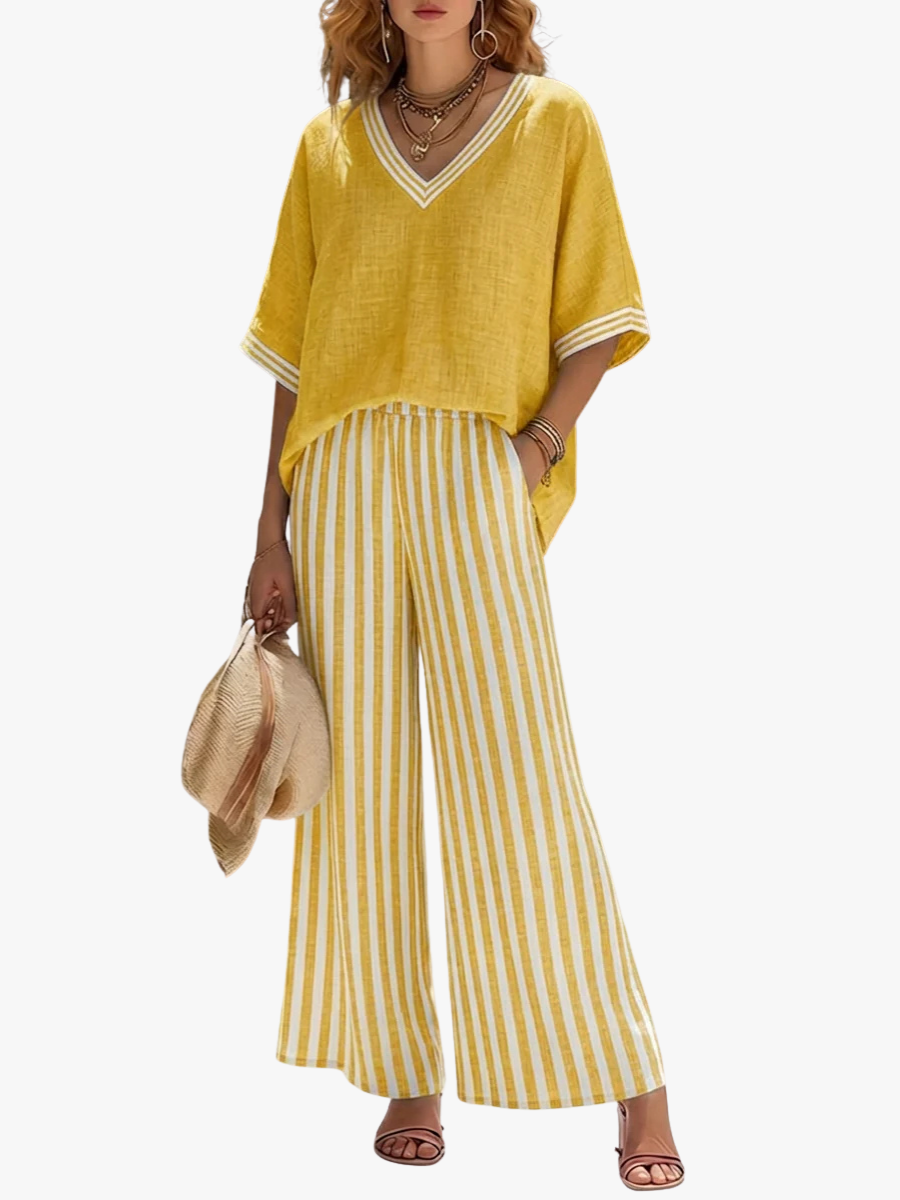 VITTORIA COMO | COMPLETO DUE PEZZI CON TOP A COLLO V E PANTALONE LARGO DA DONNA