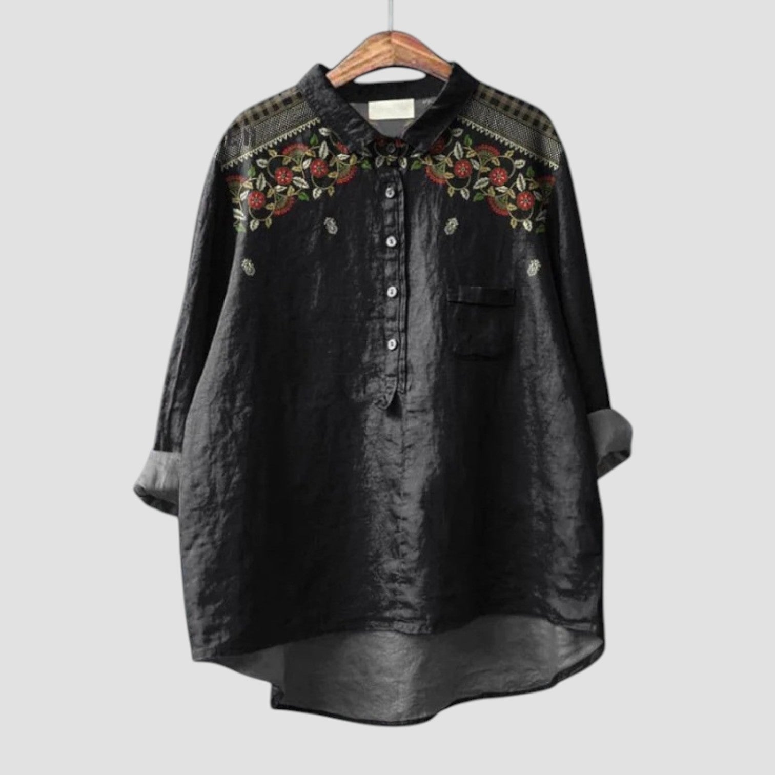 Carina | Camicia oversize nera con ricamo floreale per uno stile elegante e rilassato