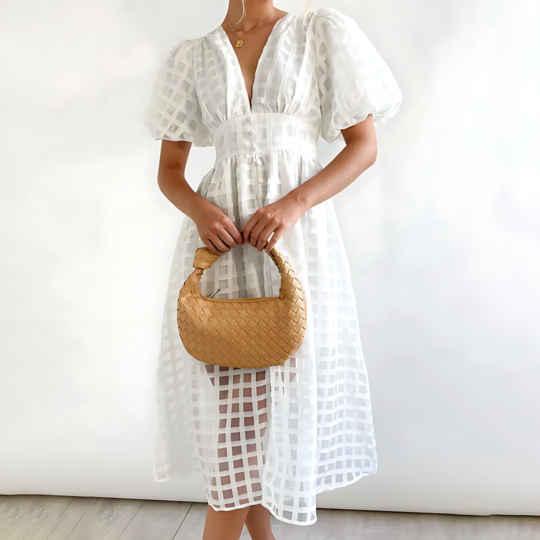 Elowen – Vintage Puff Sleeve Midi Dress