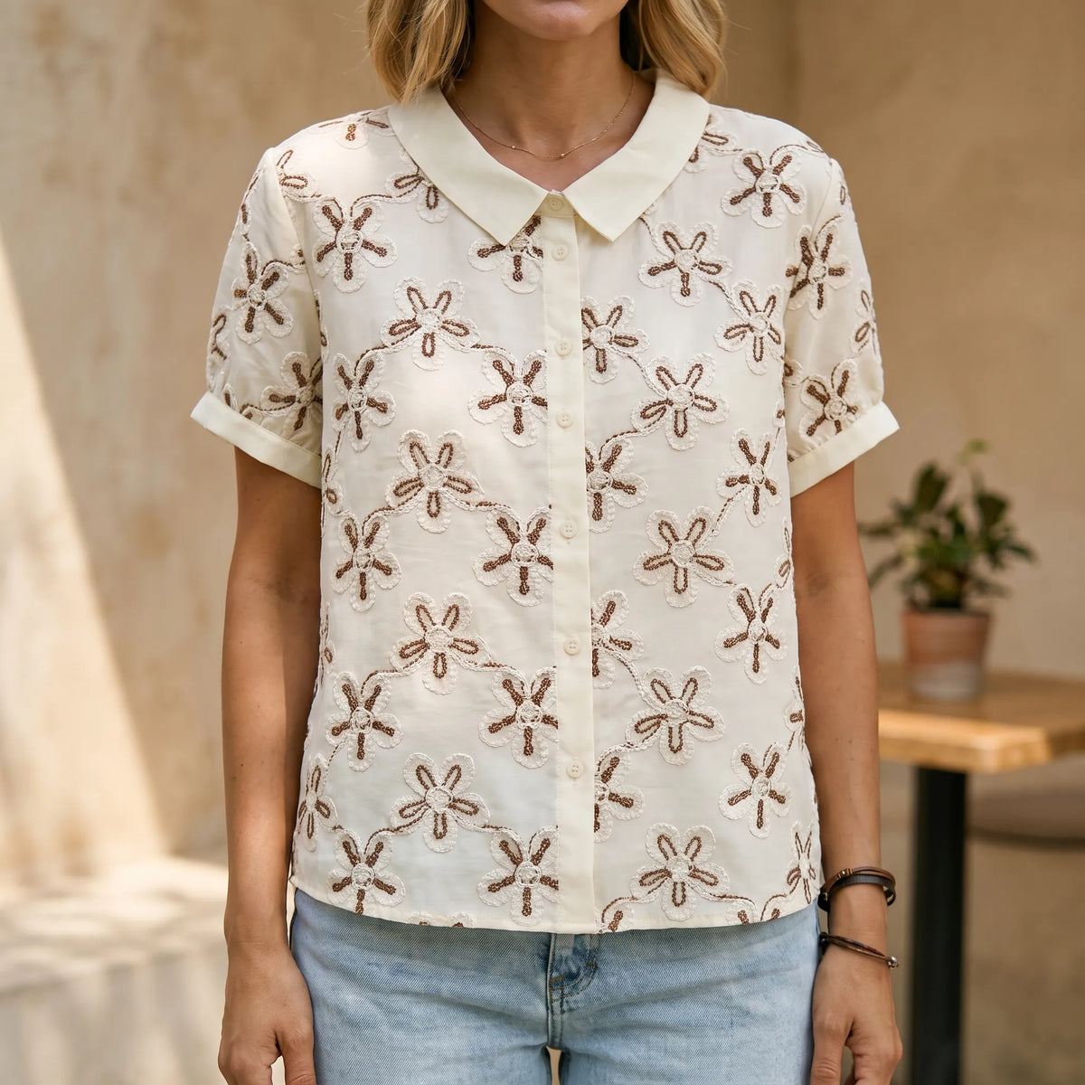 Fioresa - Blusa Bianca Donna Con Ricamo Floreale Uscite Quotidiane