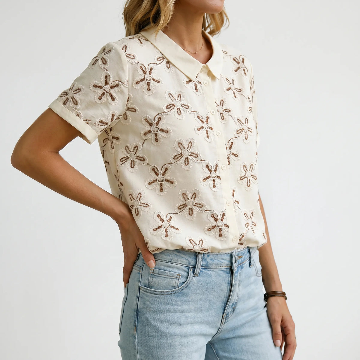 Fioresa - Blusa Bianca Donna Con Ricamo Floreale Uscite Quotidiane
