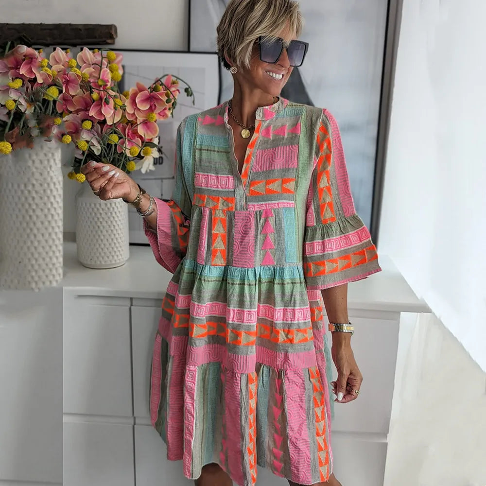 Ava - Abito estivo in cotone canapa con scollo a V, chic