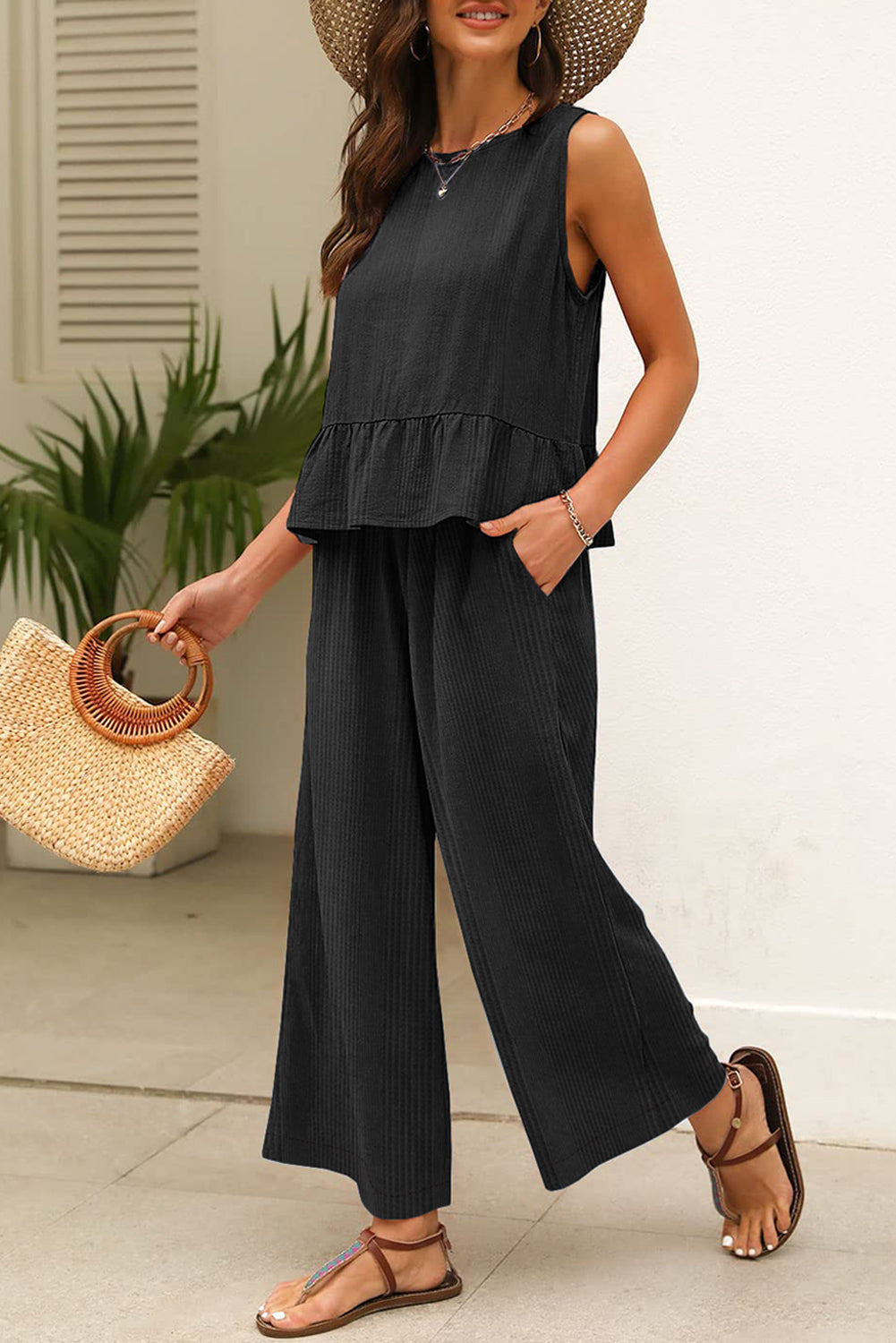Amelia - Top a Costine con Volant e Pantaloni Blu