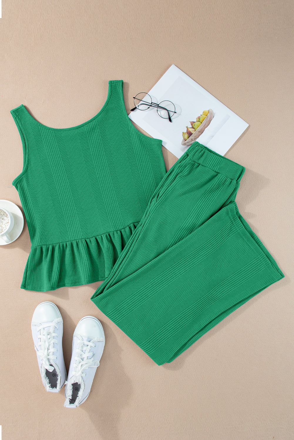 Amelia - Top a Costine con Volant e Pantaloni Blu