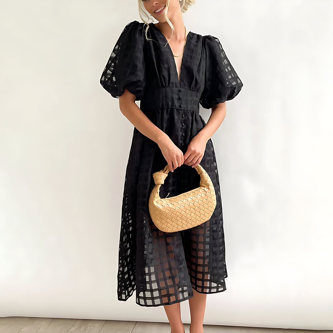Elowen – Vintage Puff Sleeve Midi Dress