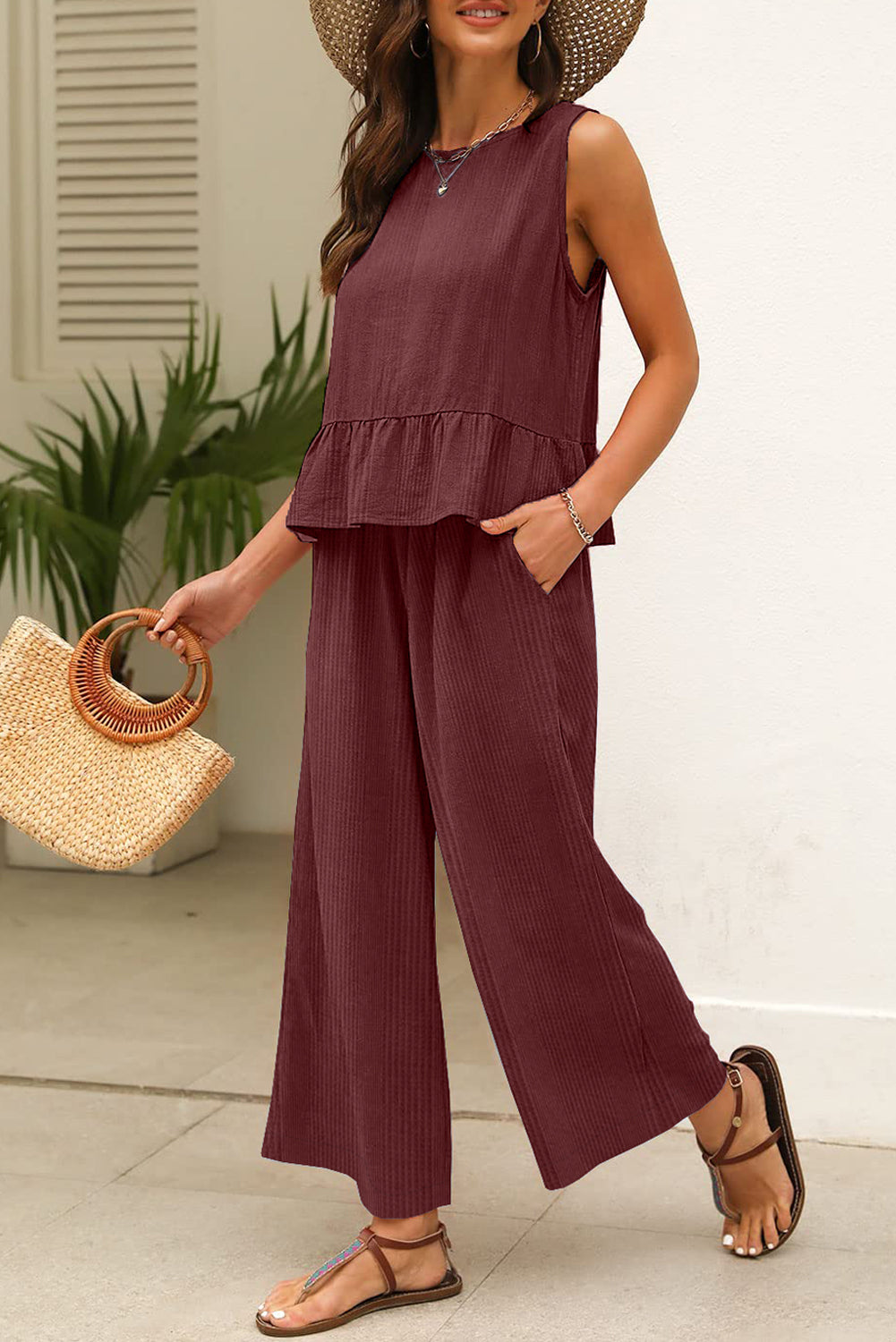 Amelia - Top a Costine con Volant e Pantaloni Blu