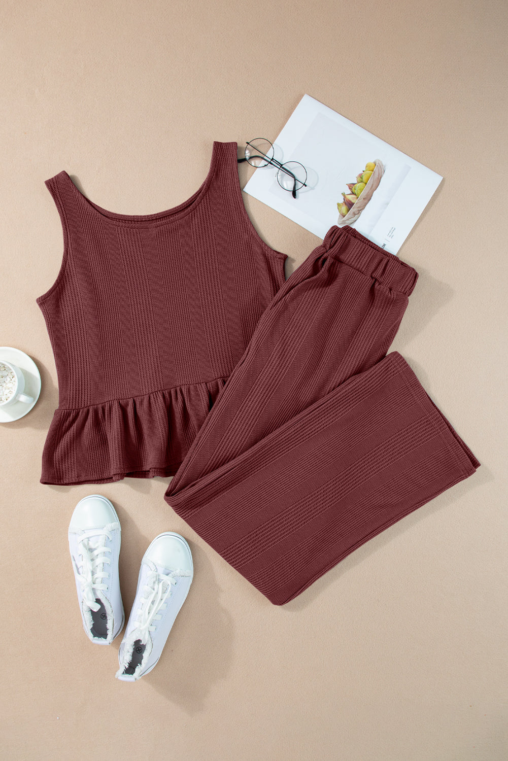 Amelia - Top a Costine con Volant e Pantaloni Blu