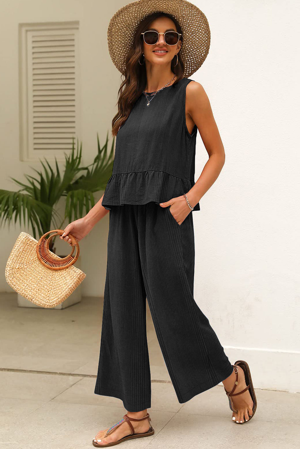 Amelia - Top a Costine con Volant e Pantaloni Blu