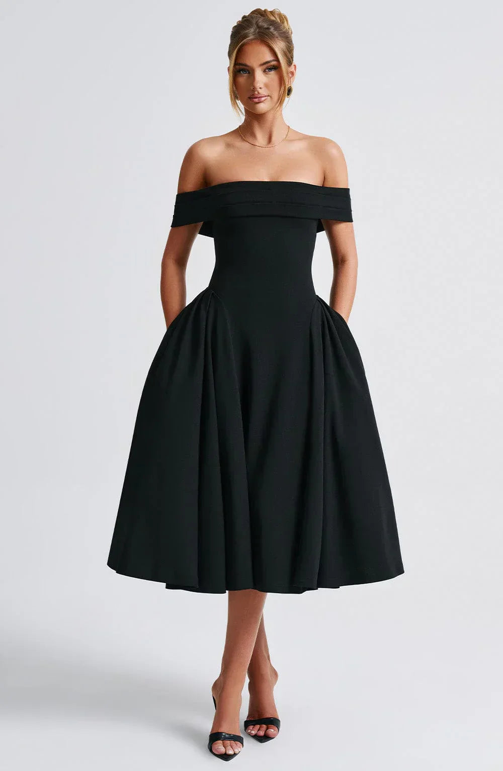 Bellina – Off-Shoulder Pleated Midi Gown