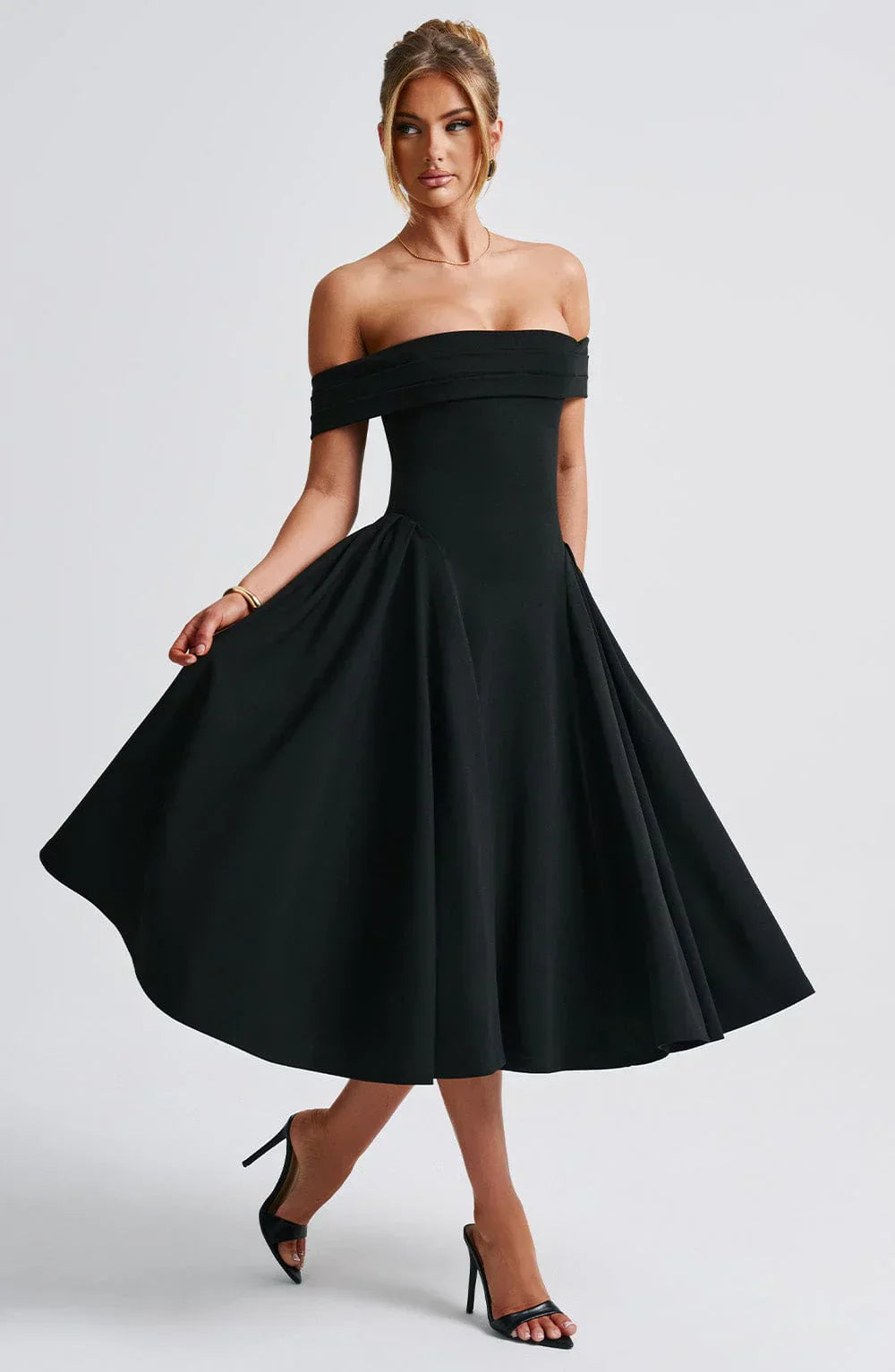Bellina – Off-Shoulder Pleated Midi Gown