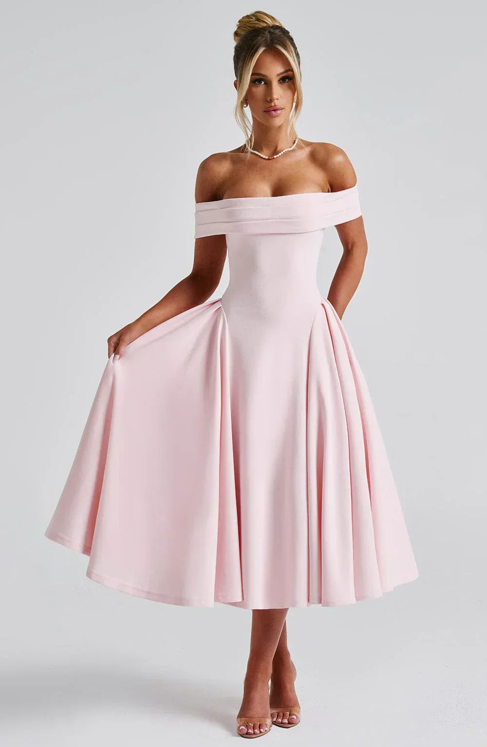 Bellina – Off-Shoulder Pleated Midi Gown