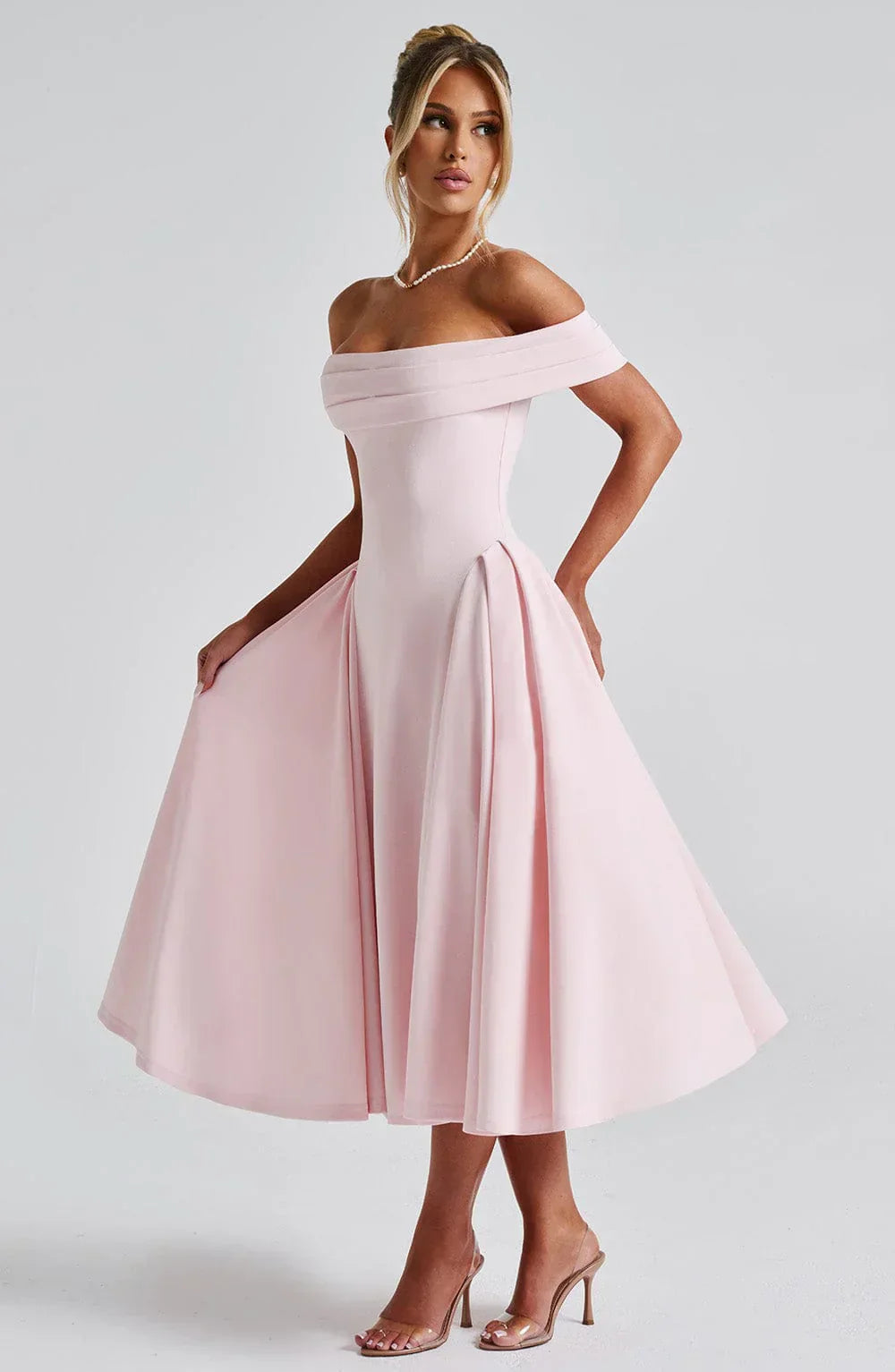 Bellina – Off-Shoulder Pleated Midi Gown
