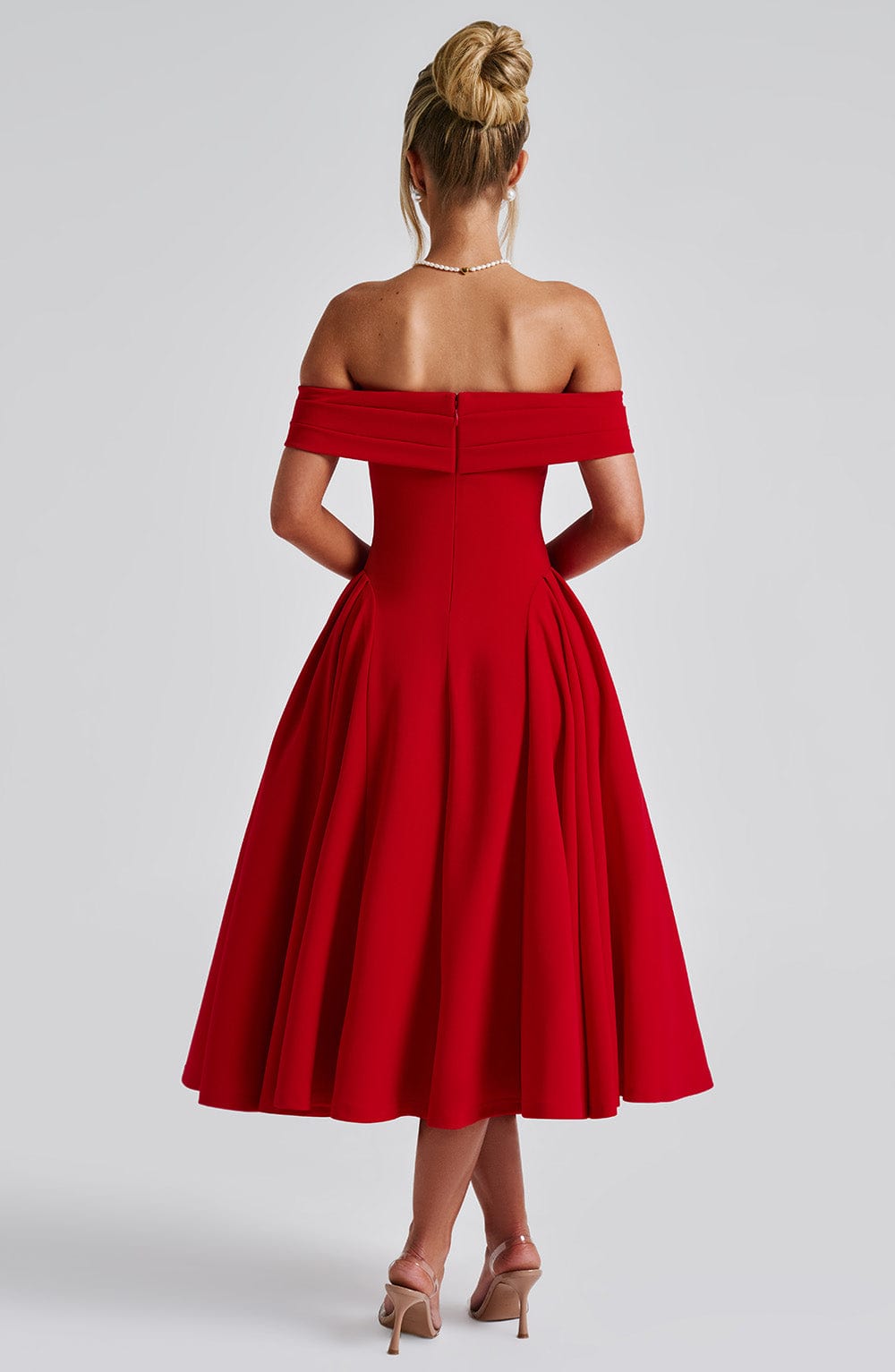 Rosetta – Abito midi a pieghe con spalle scoperte