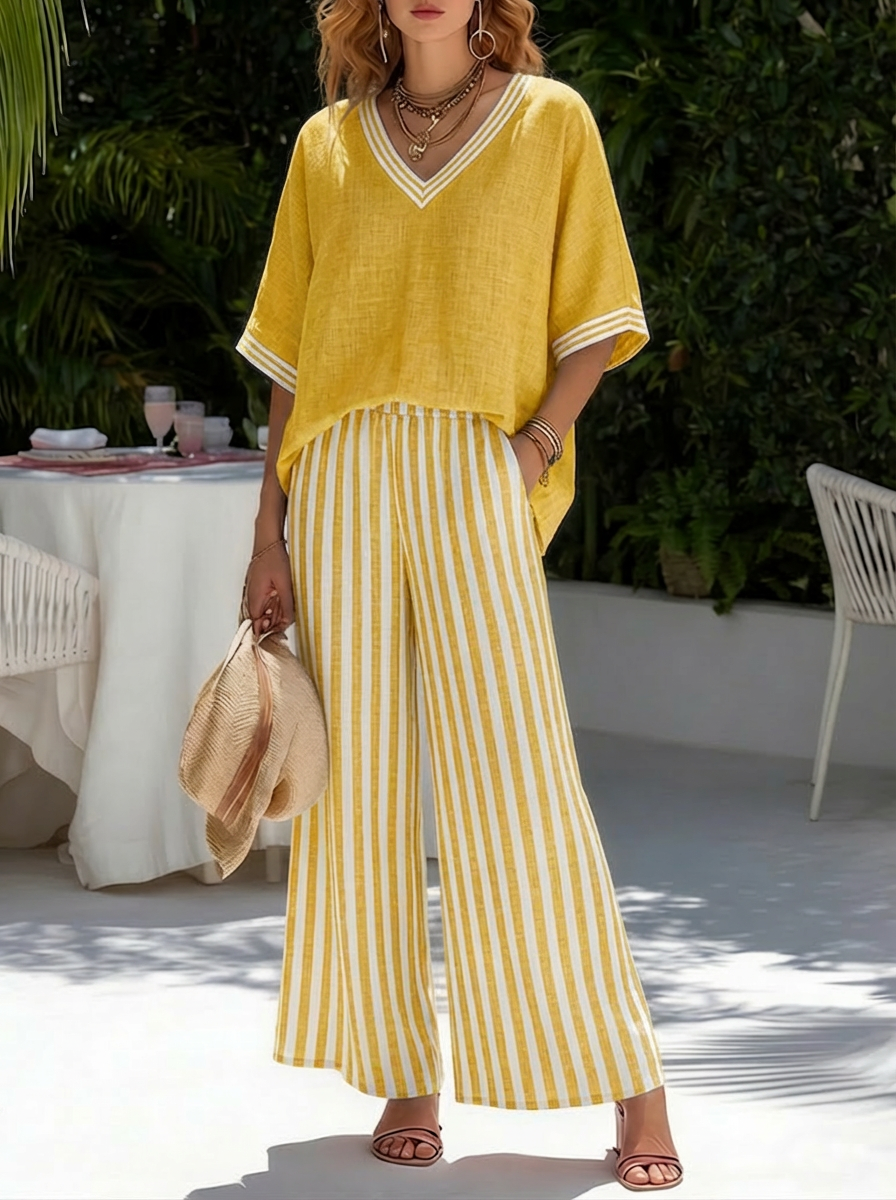 VITTORIA COMO | COMPLETO DUE PEZZI CON TOP A COLLO V E PANTALONE LARGO DA DONNA