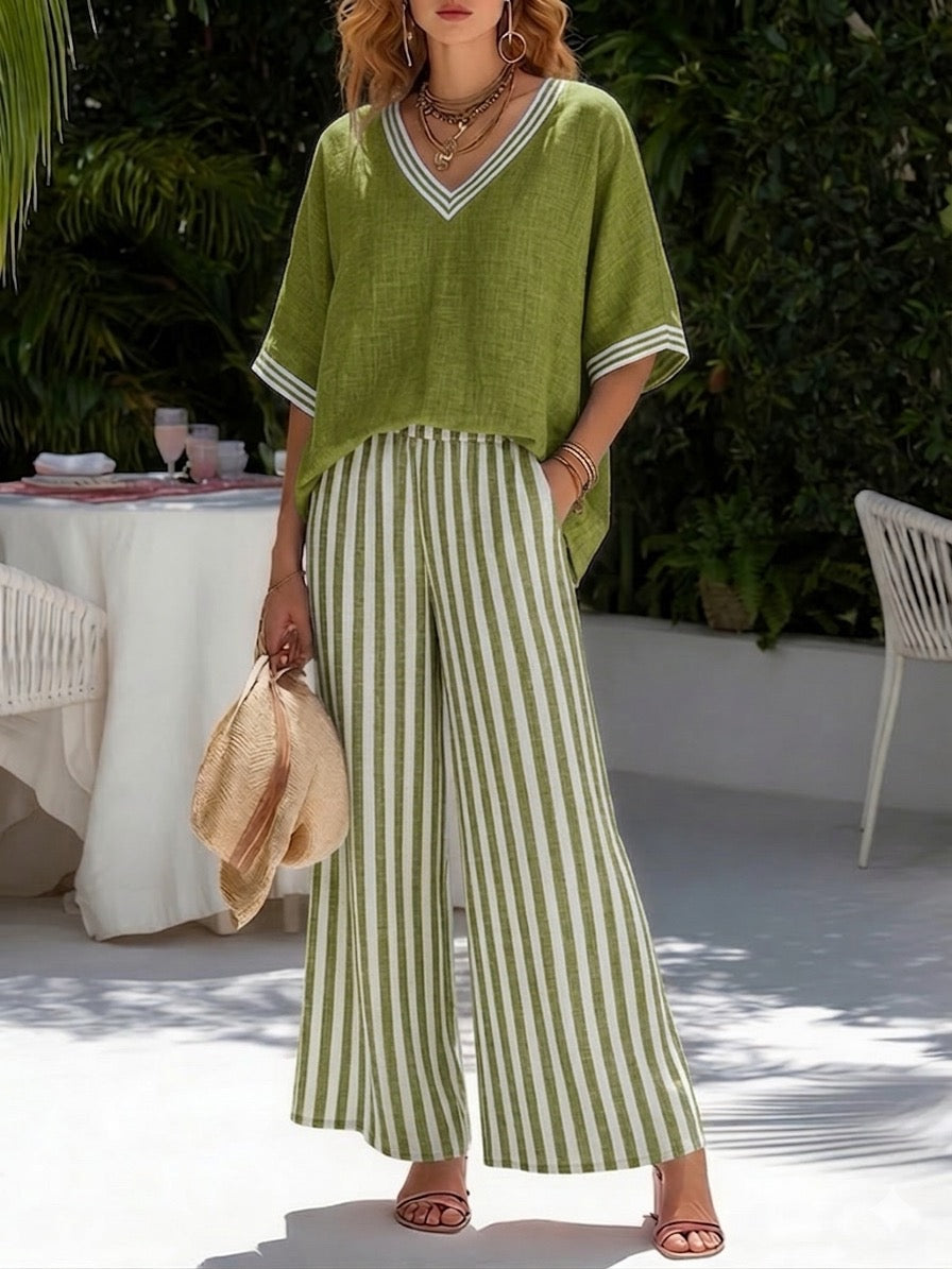 VITTORIA COMO | COMPLETO DUE PEZZI CON TOP A COLLO V E PANTALONE LARGO DA DONNA