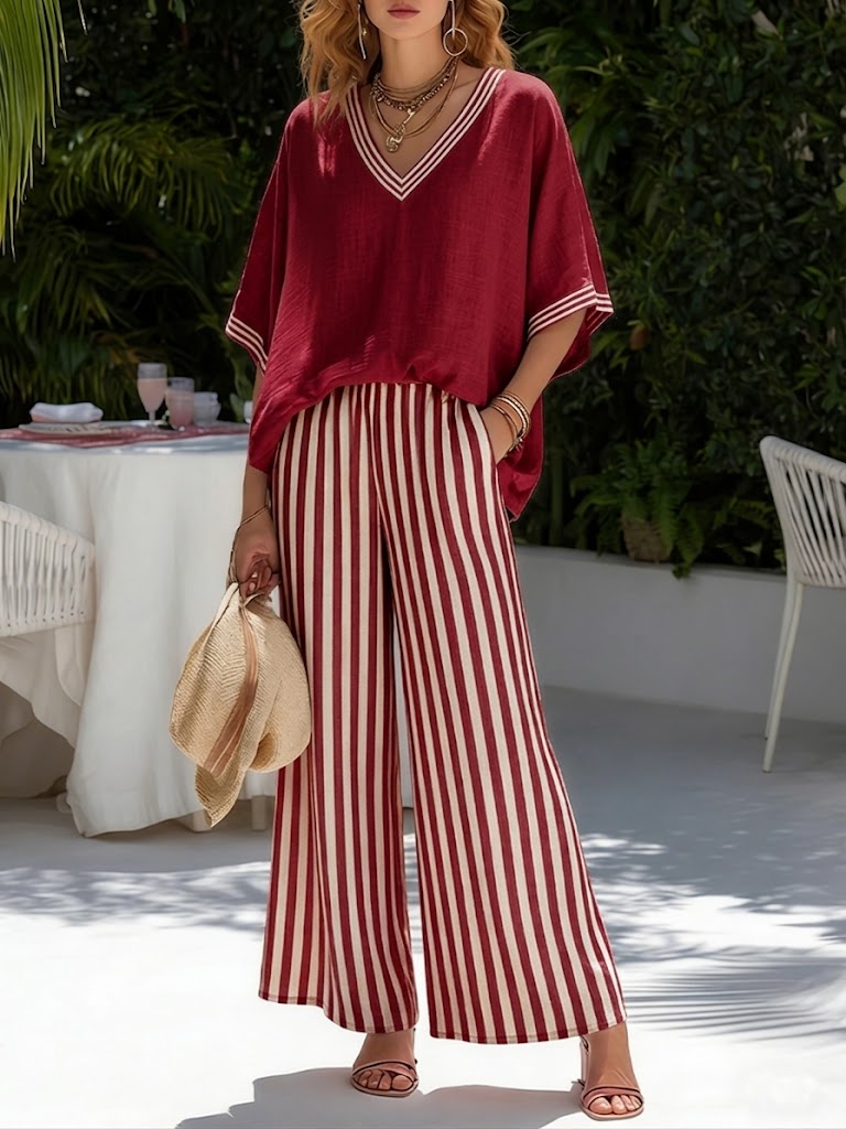 VITTORIA COMO | COMPLETO DUE PEZZI CON TOP A COLLO V E PANTALONE LARGO DA DONNA