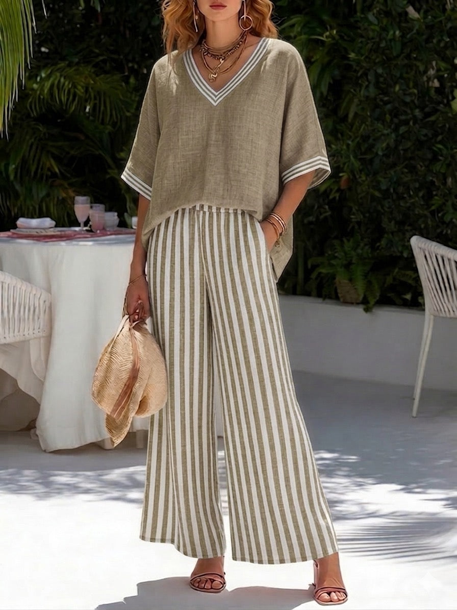 VITTORIA COMO | COMPLETO DUE PEZZI CON TOP A COLLO V E PANTALONE LARGO DA DONNA