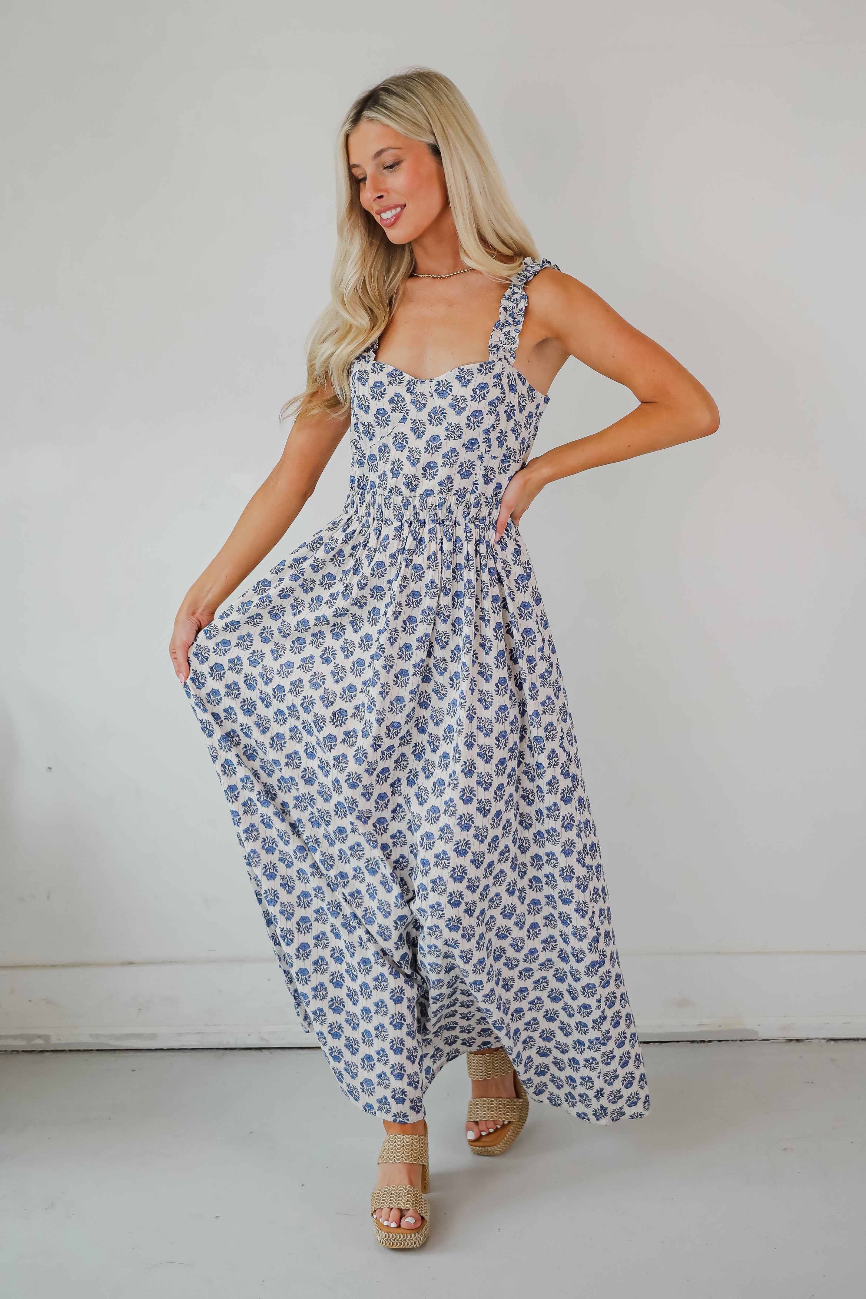 Olivia - Vestito lungo blu floreale