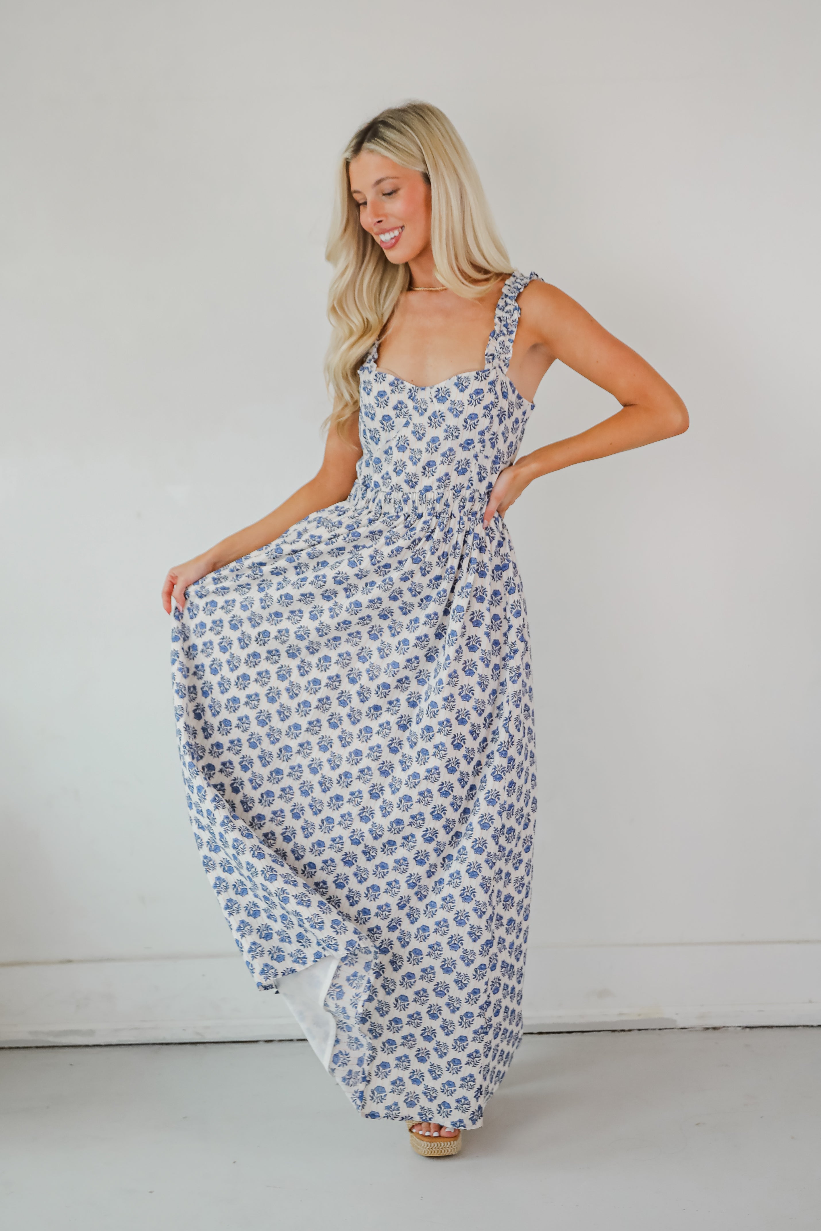 Olivia - Vestito lungo blu floreale